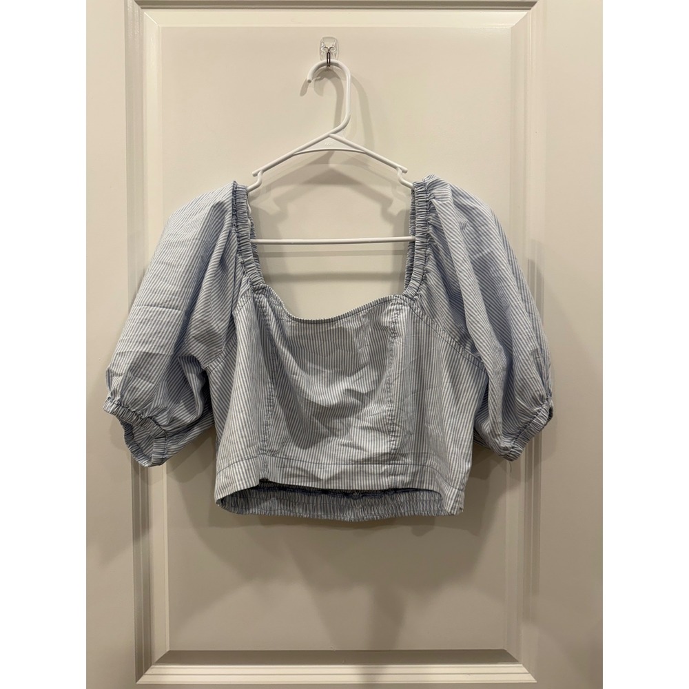 Aerie Blue White Striped Puff Sleeve Smocked Back Crop Top Blouse Women Large
